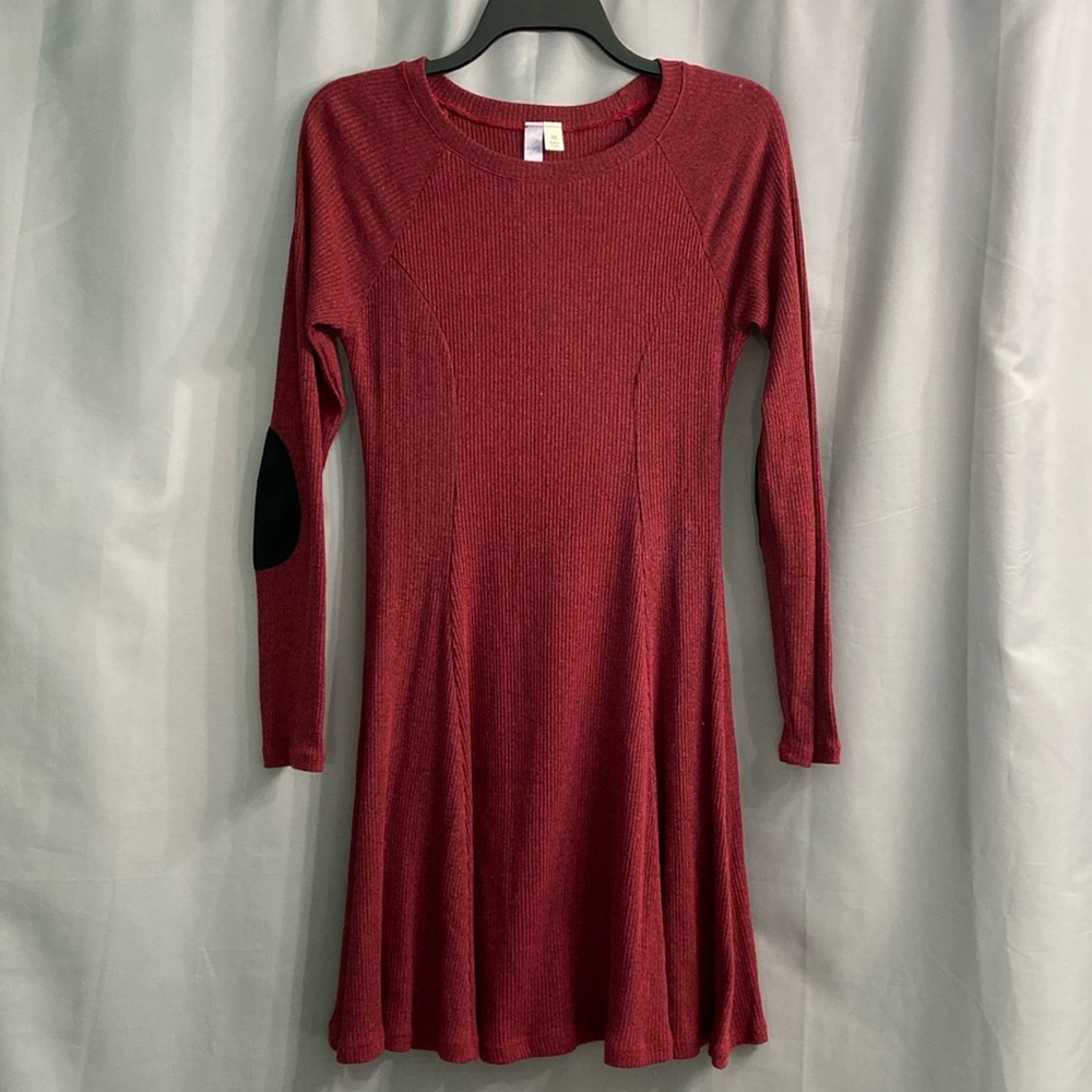 Alya Long Sleeve Red Black Knit Dress with Elbow Patches